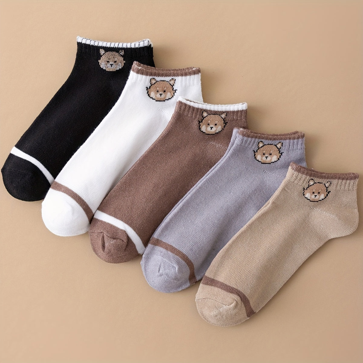 5 Pairs Cartoon Animal Print Socks Women's Comfy Short Stockings