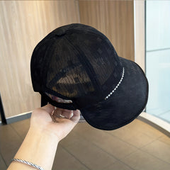 Plaid Mesh Sun Hat UV Protection Bucket Hat Faux Pearl Chain Decor