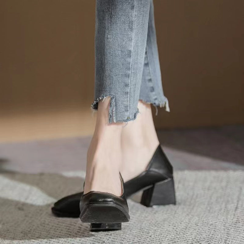 Chunky Low Heels Slip On Square Toe Office Shoes Women's Footwear