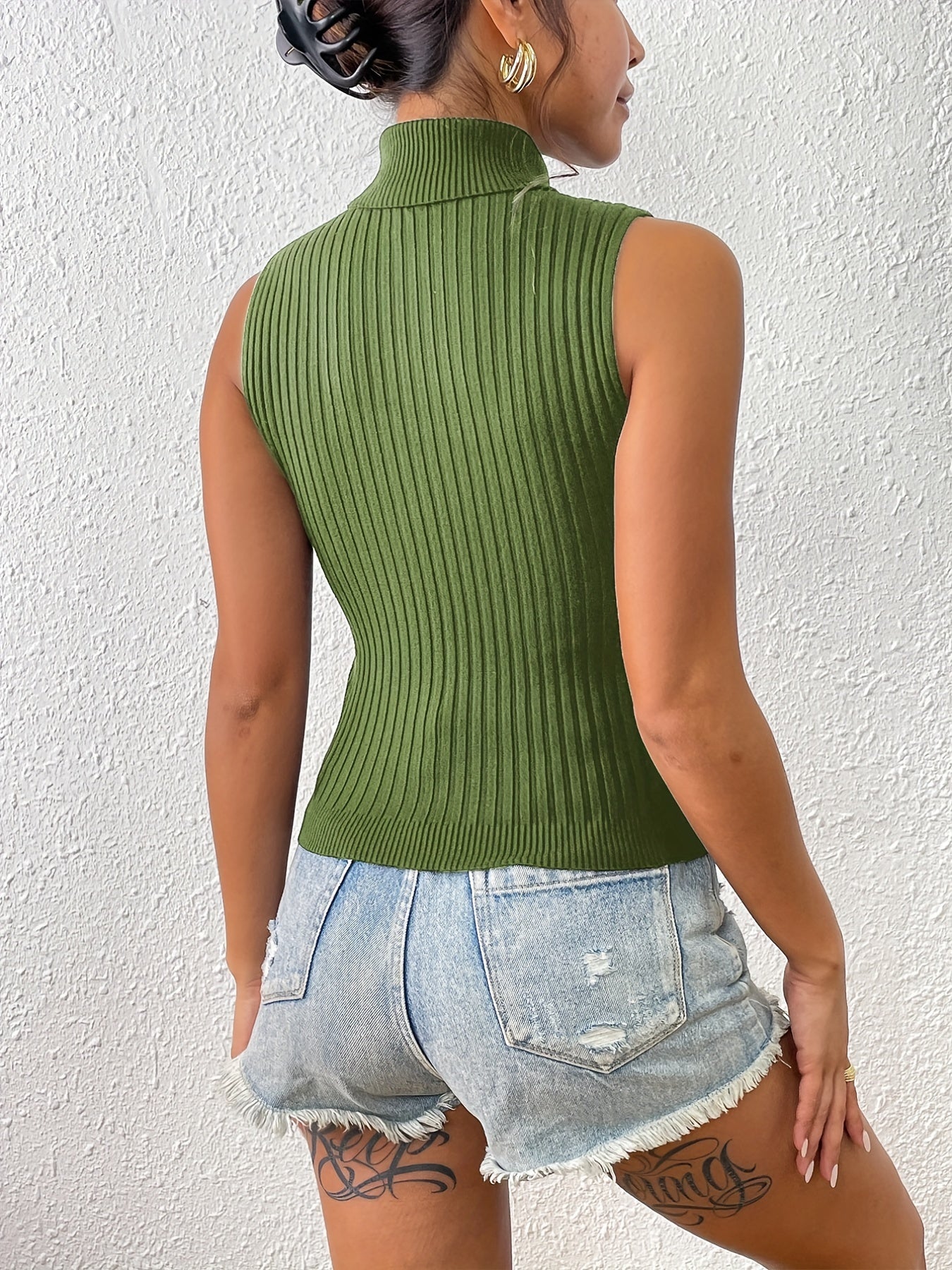 Solid Turtle Neck Sweater Vest Bodycon Stylish Women's Clothing