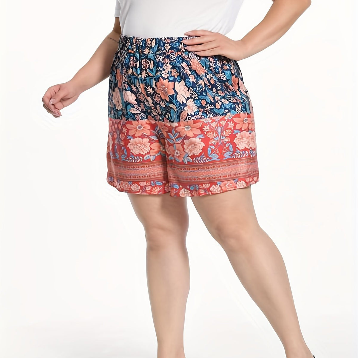  Boho Shorts Women's Plus Floral Border Print Loose Wide Leg