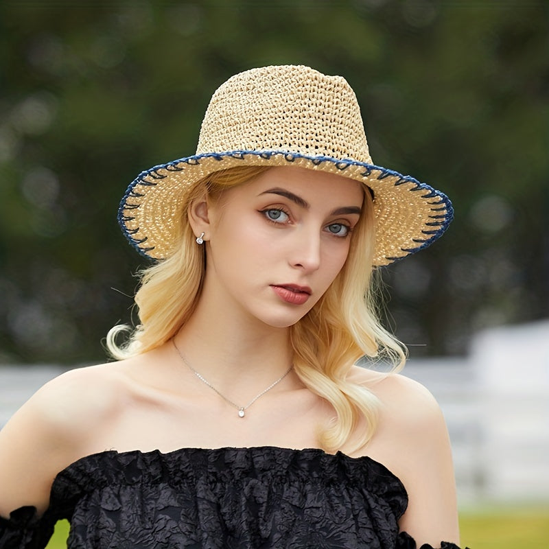 Vintage Summer Straw Hat with Crochet Brim