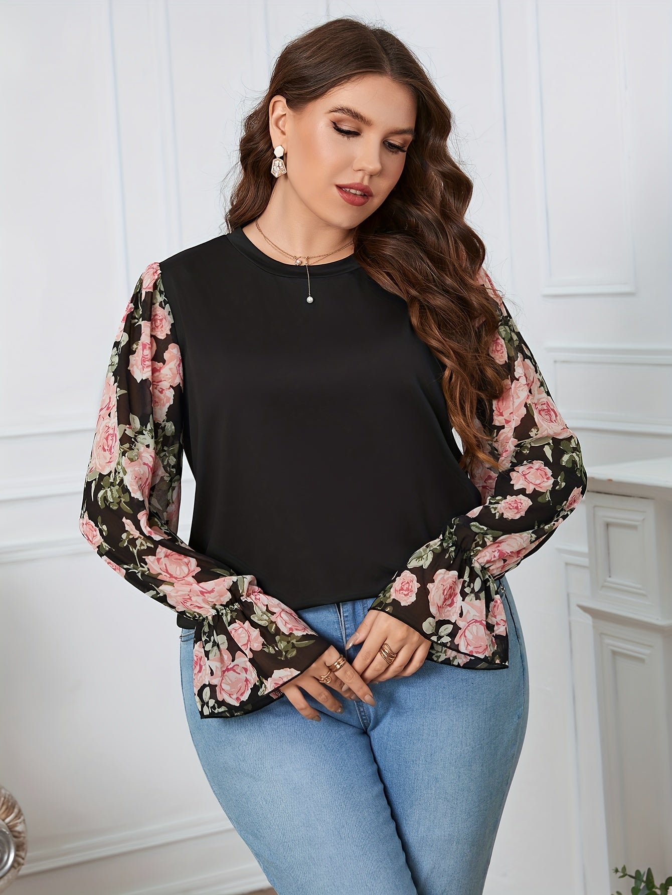  Colorblock Floral Print Lantern Sleeve Blouse