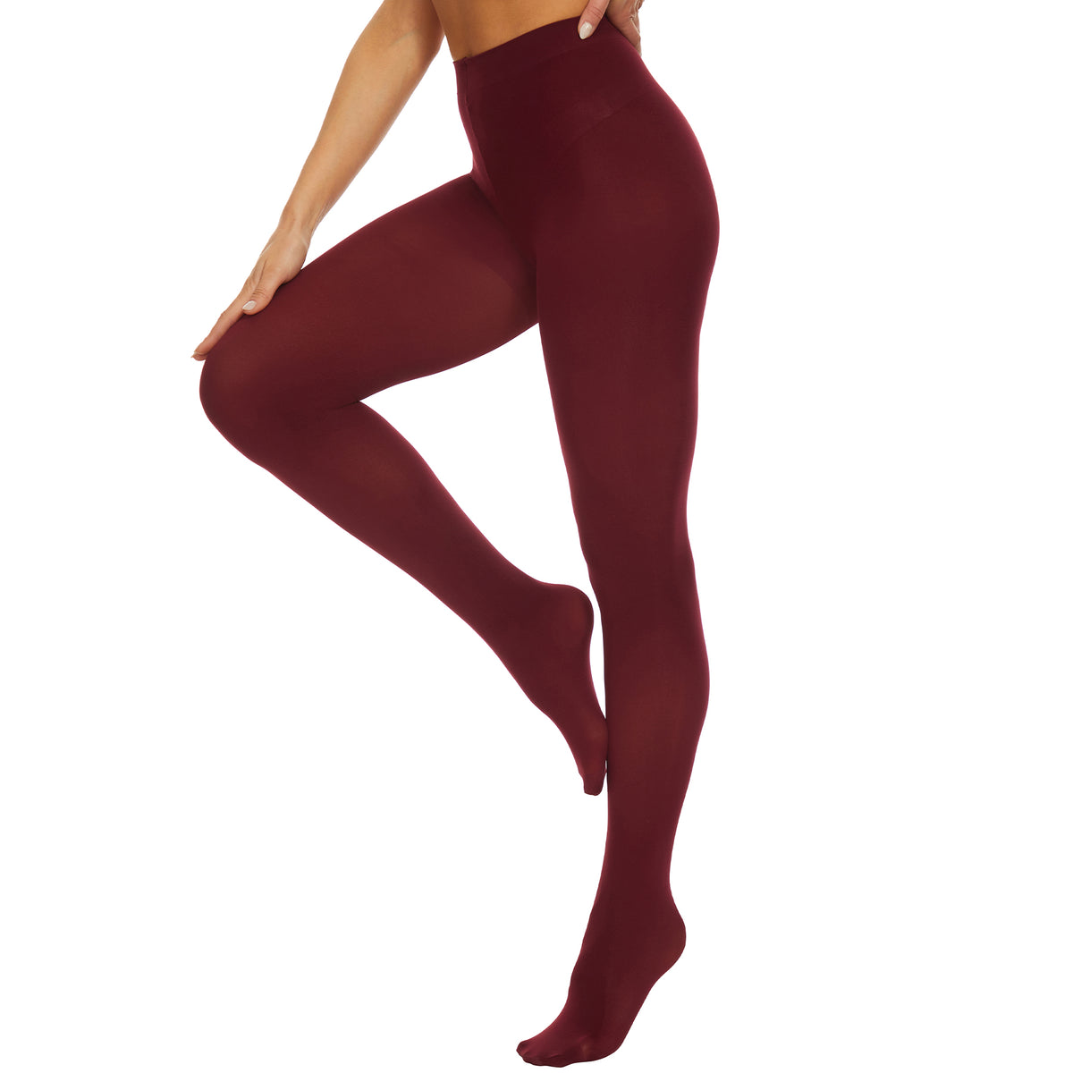 Women's 80 Denier Tights Soft Opaque Solid Footed Pantyhose in Wine Red