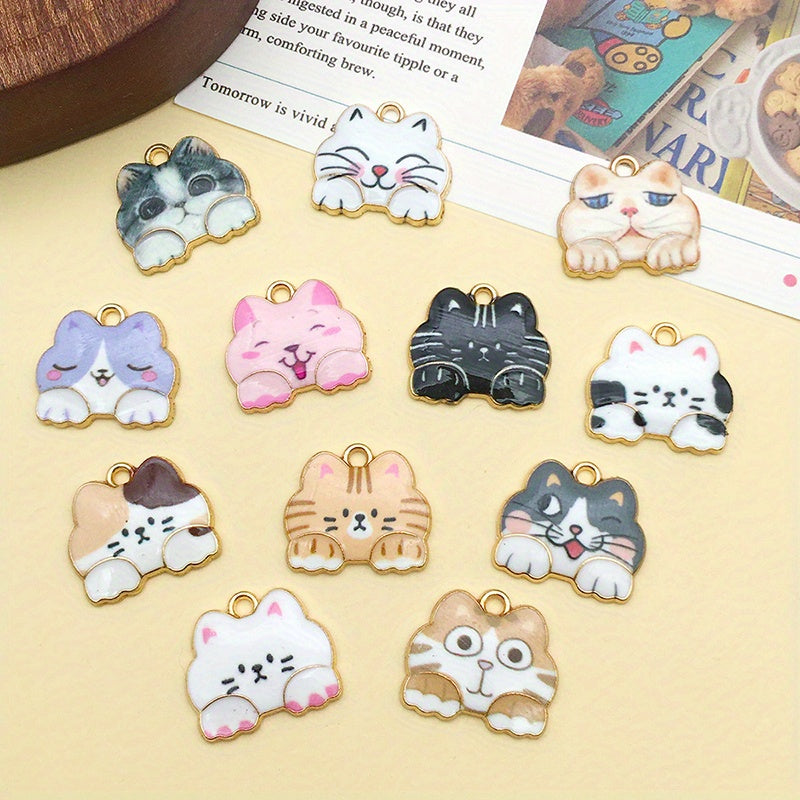 12pcs Enamel Golden Cat Pendants for DIY Accessories