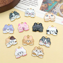 12pcs Enamel Golden Cat Pendants for DIY Accessories
