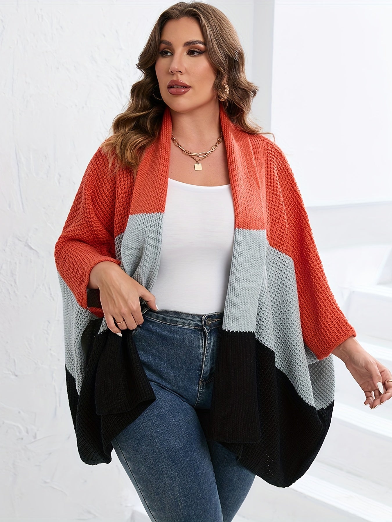  Colorblock Bell Sleeve Sweater Cardigan Women's Plus Casual Sweater