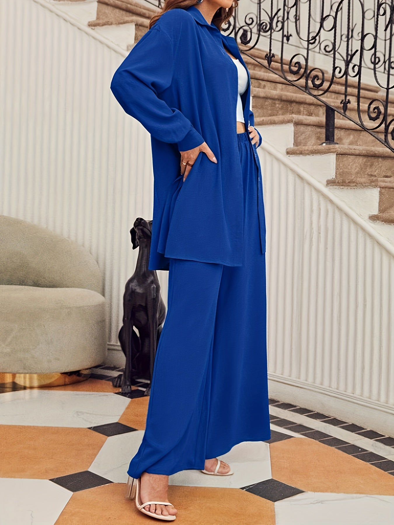  2 Piece Set Button Up Blouse & Wide Leg Pants Outfits