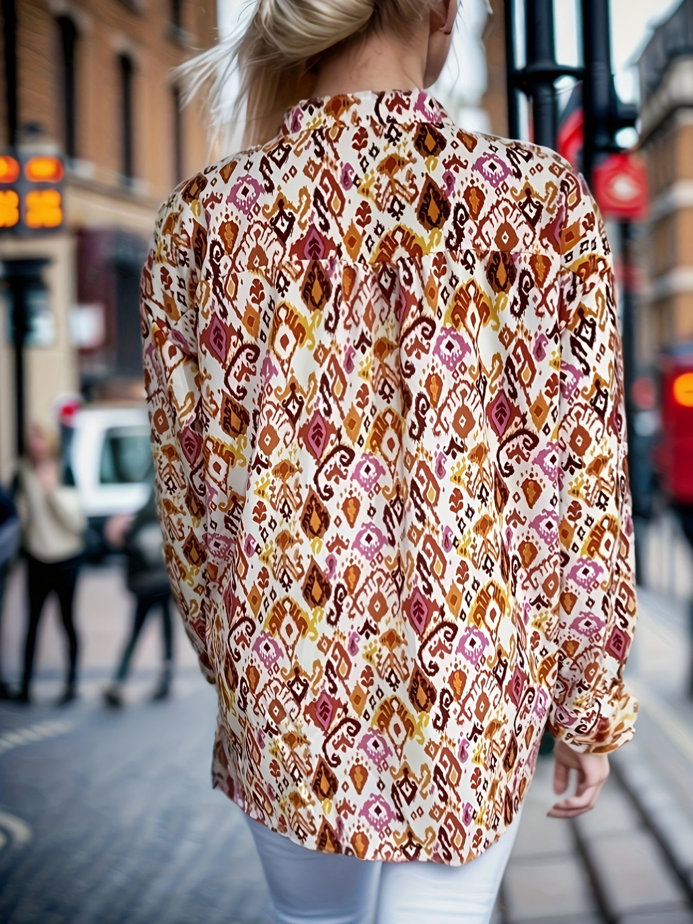  Casual Blouse Women's Plus Allover Print Long Sleeve V Neck Shirt Top