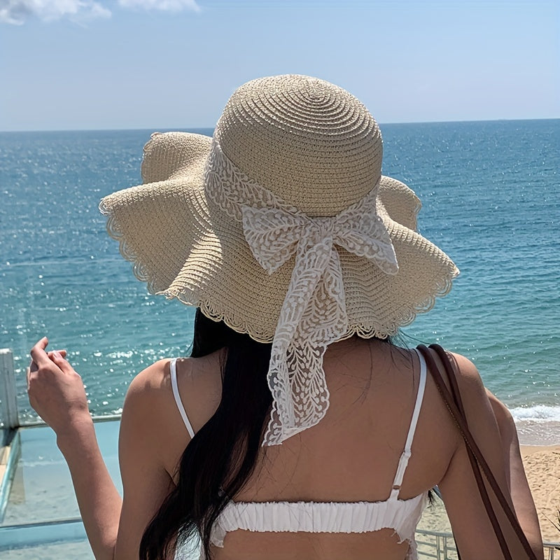 Lace Straw Sun Hat Ribbon Bowknot Decor
