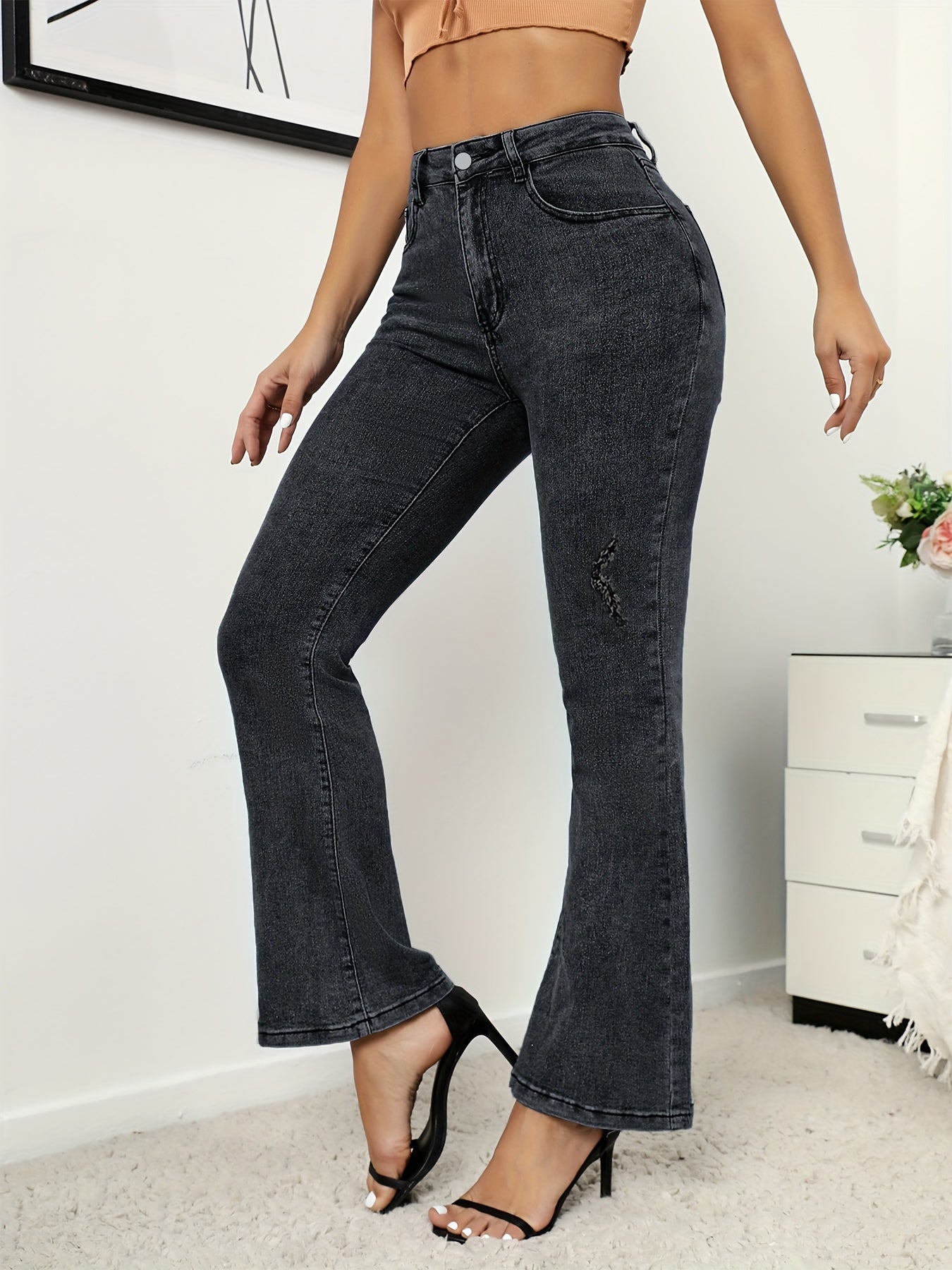 Dark Grey Flare Jeans Bell Bottom Wide Leg Ripped Denim