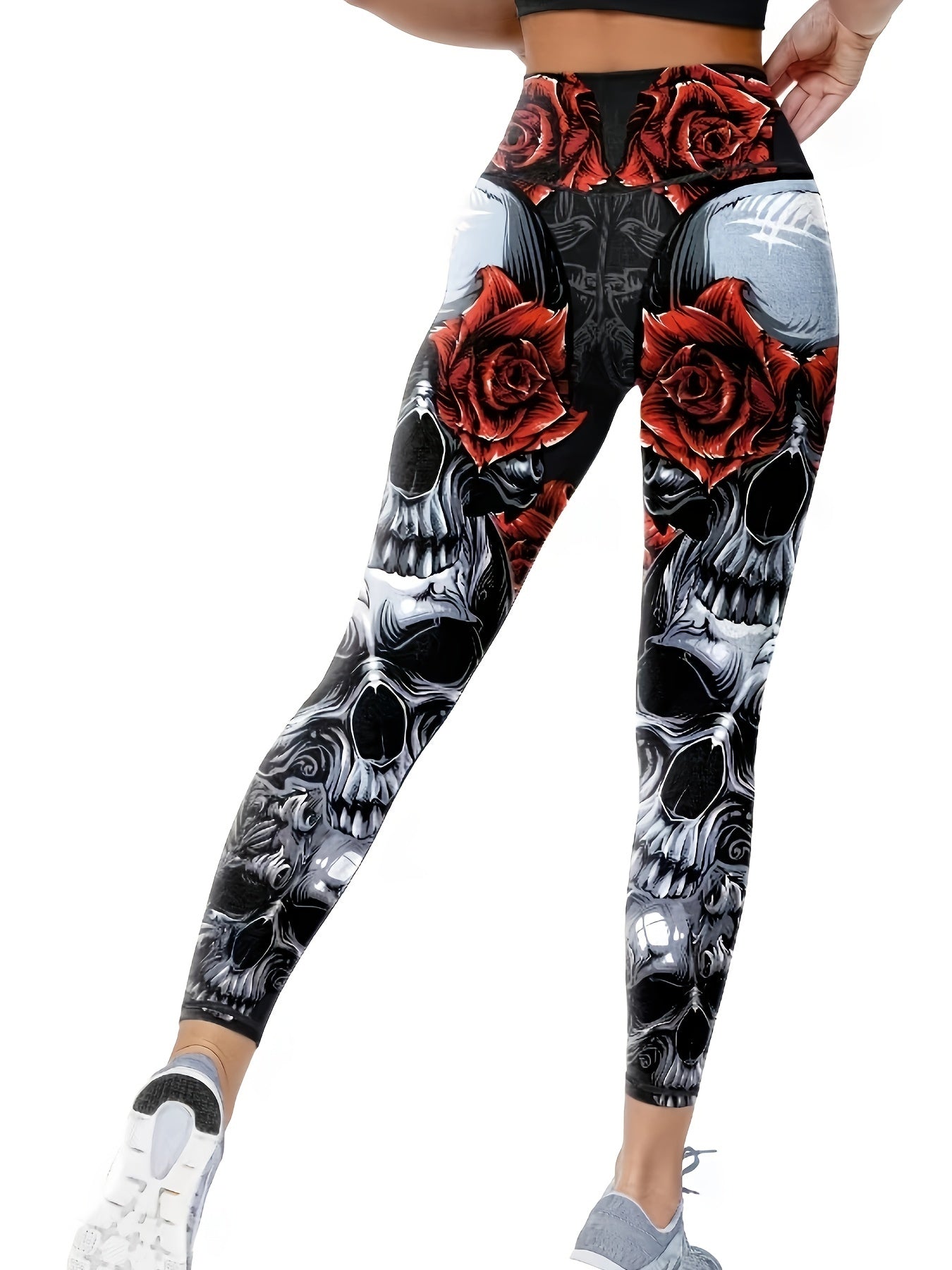 Floral & Skull Print Yoga Pants High Stretch Leggings Halloween Activewear