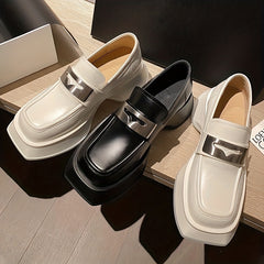 Women's Metal Platform Loafers Square Toe Slip On Shoes