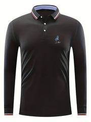 Men's Horse Print Long Sleeve Polo Shirt Casual Slightly Stretch