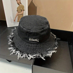Ripped Washed Bucket Hat Unisex Tassel Denim Basin Hat Iron Label Decor