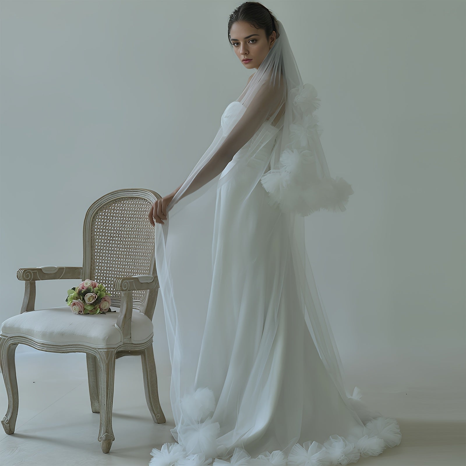 Double Layer Bridal Veil with Floral Edge, Hair Comb Romantic Wedding Accessory