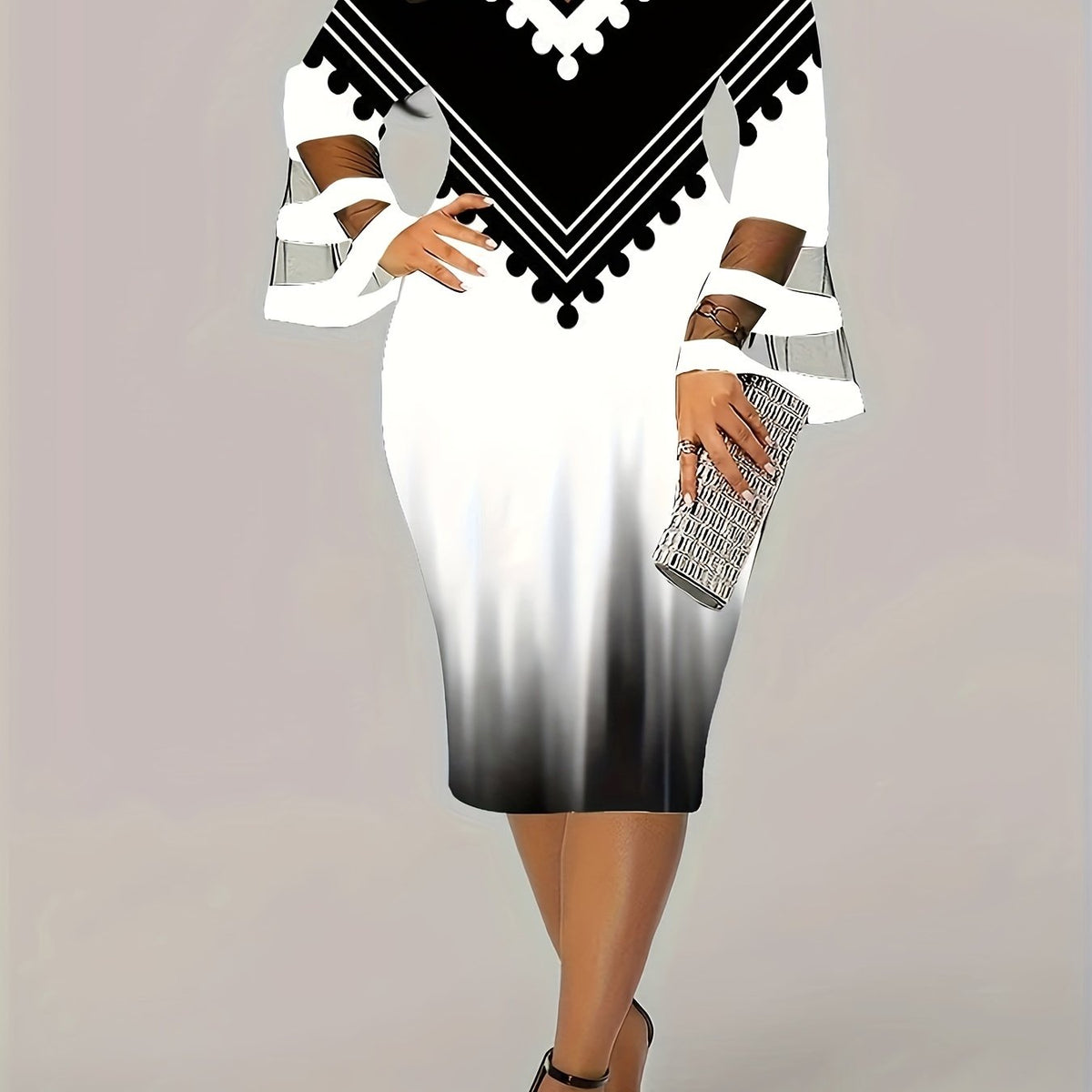 Colorblock Ombre Print Mesh Sleeve V Neck Fit Dress