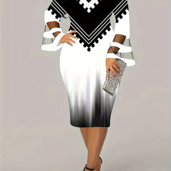  Colorblock Ombre Print Mesh Sleeve V Neck Fit Dress