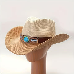 Bohemian Stone Studded Cowboy Straw Hat for Sun Protection