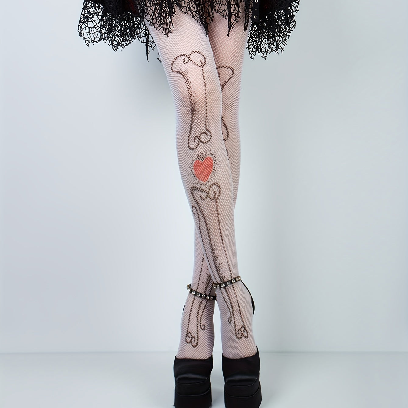 High Waist Skull & Heart Pattern Mesh Tights Fishnet Pantyhose