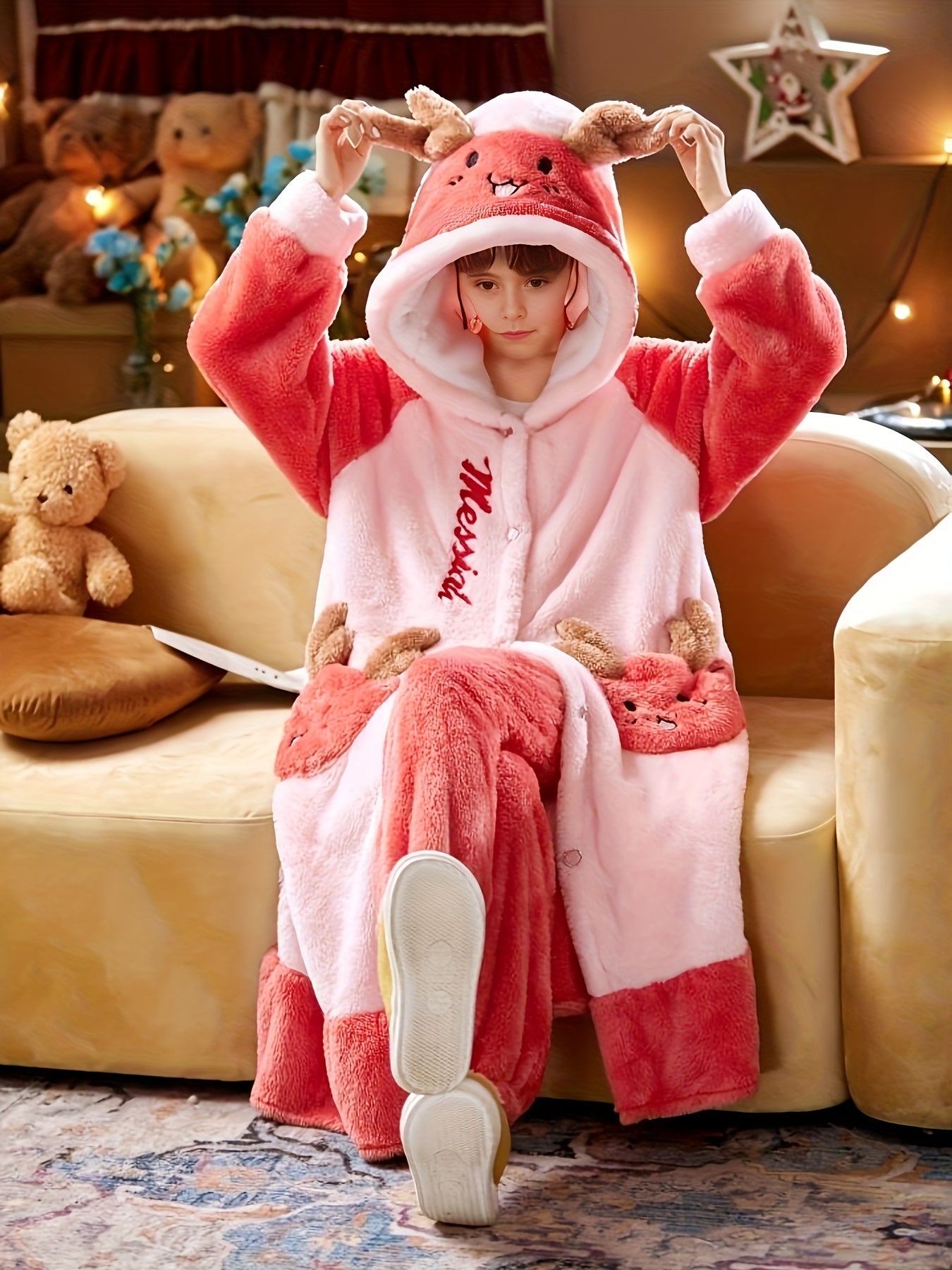  Christmas Pajamas Set Women's Plus Deer Raglan Sleeve Button Up Hooded