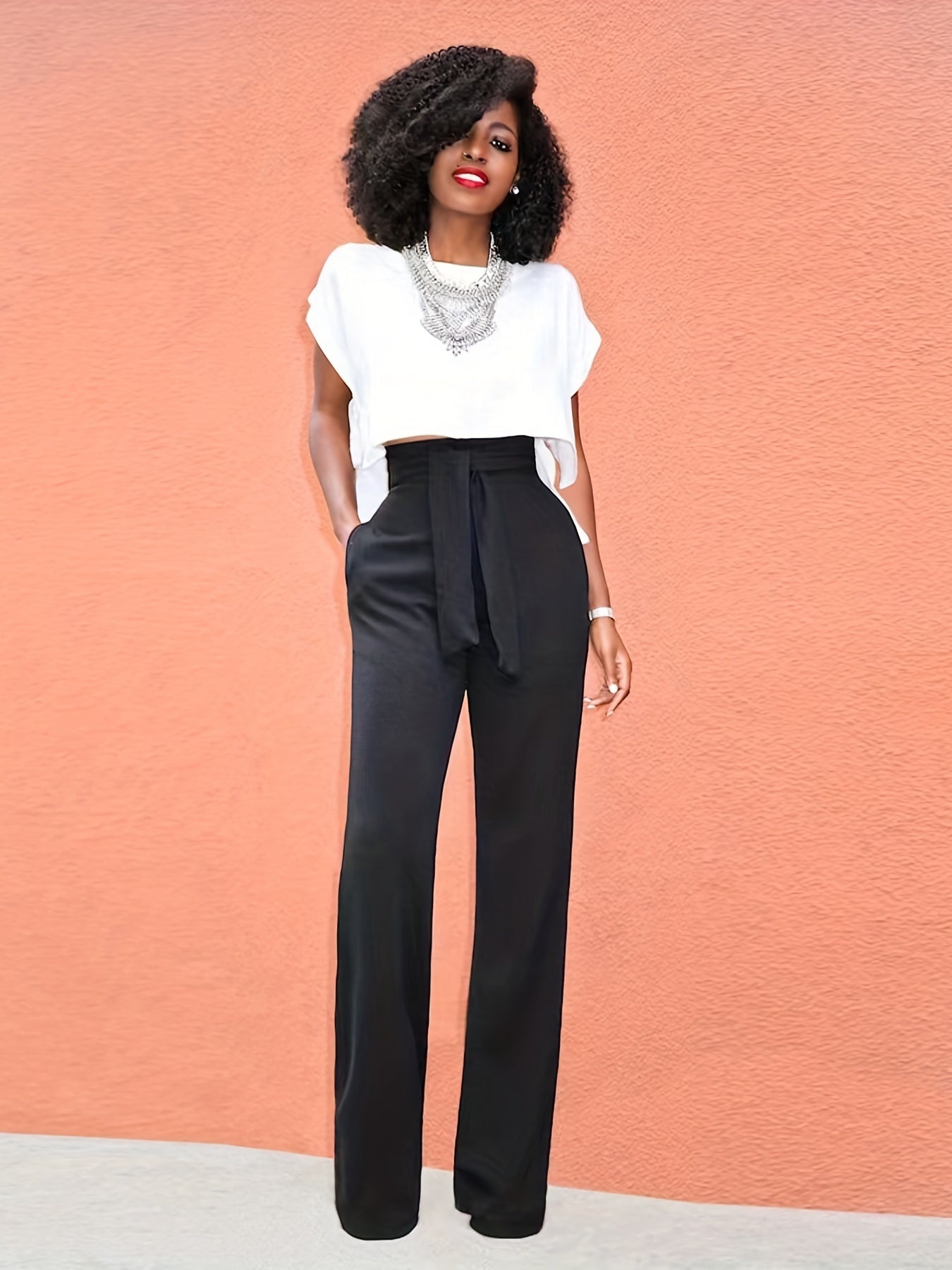  Women's High Rise Wide Leg Trousers With Pockets