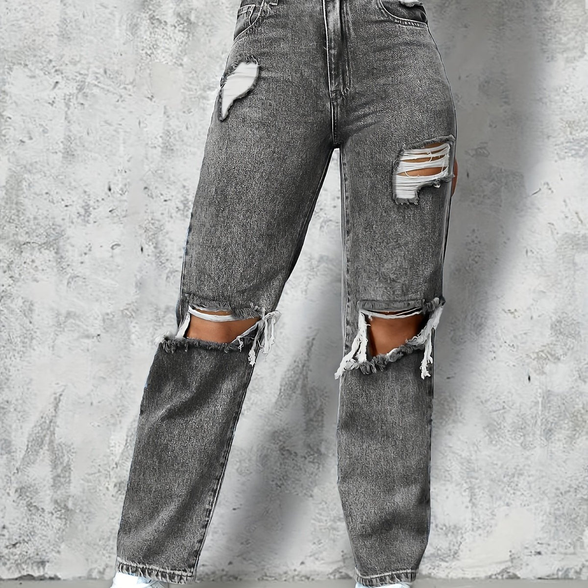 Dark Grey Ripped Straight Jeans High Rise Distressed Denim Pants