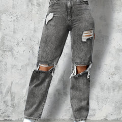 Dark Grey Ripped Straight Jeans High Rise Distressed Denim Pants