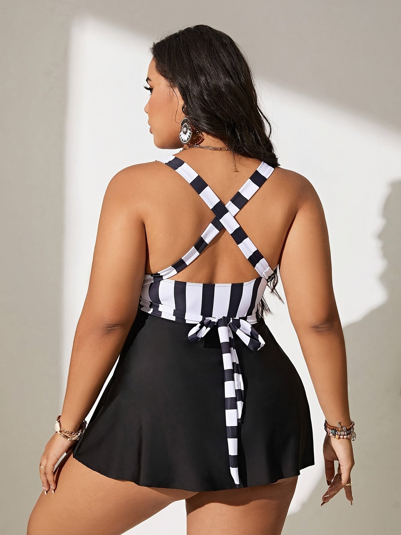 Striped Tankini Set - Crisscross Tie Back Dress & Panty S