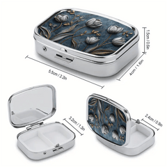 Floral 2D Relief Iron Pill Box 3 Compartment Portable Medication Organizer