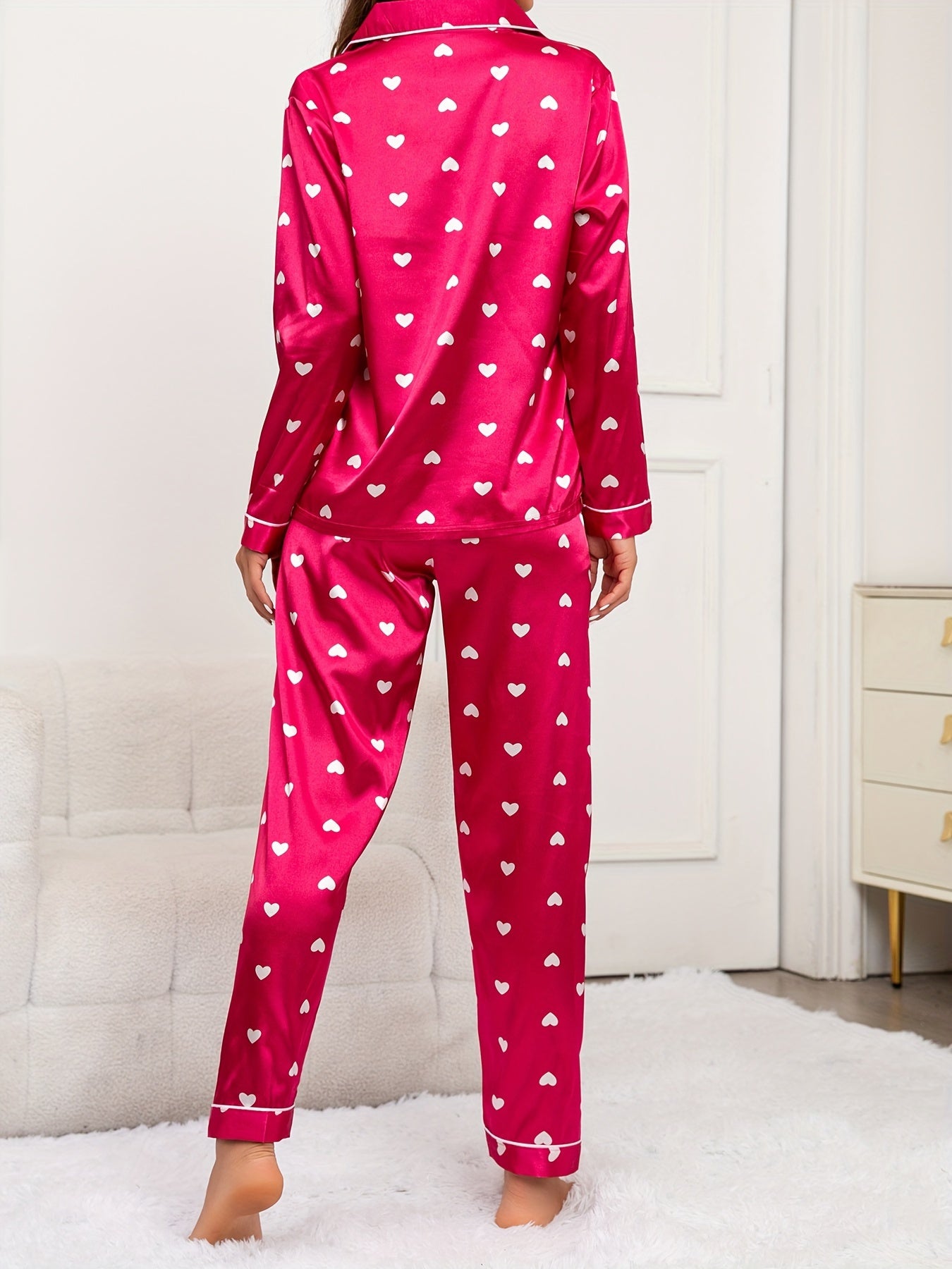 Heart Print Pajama Set Long Sleeve Top & Pants Women's Sleepwear