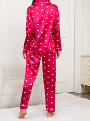 Heart Print Pajama Set Long Sleeve Top & Pants Women's Sleepwear