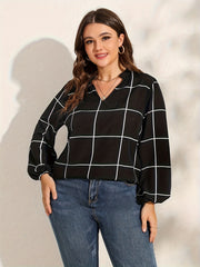  Casual Blouse Women's Plus Grid Print Notched Neck Tunic Top