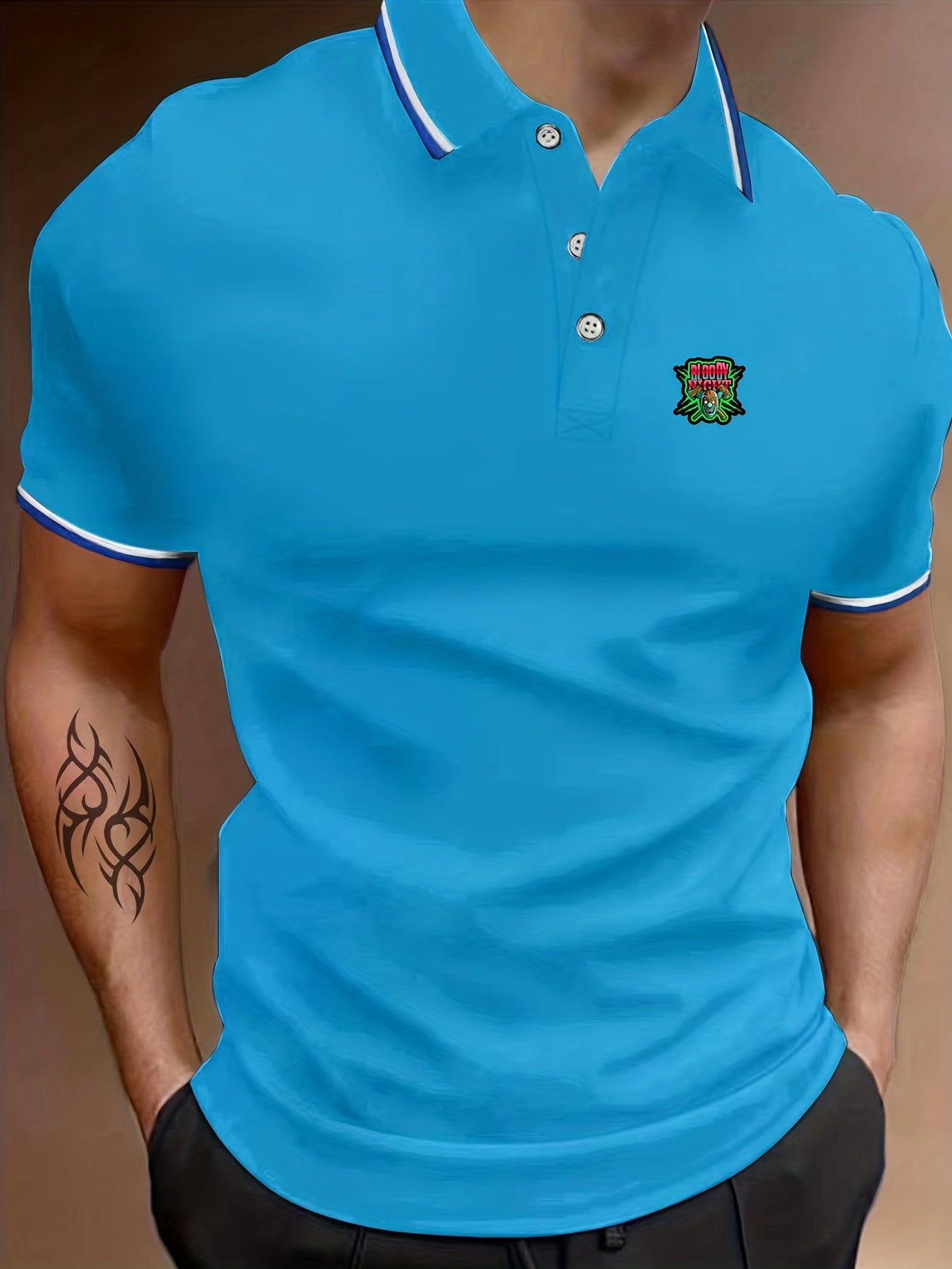Men's Bloody Night Print Polo Shirt Casual Lapel Button Up Short Sleeve