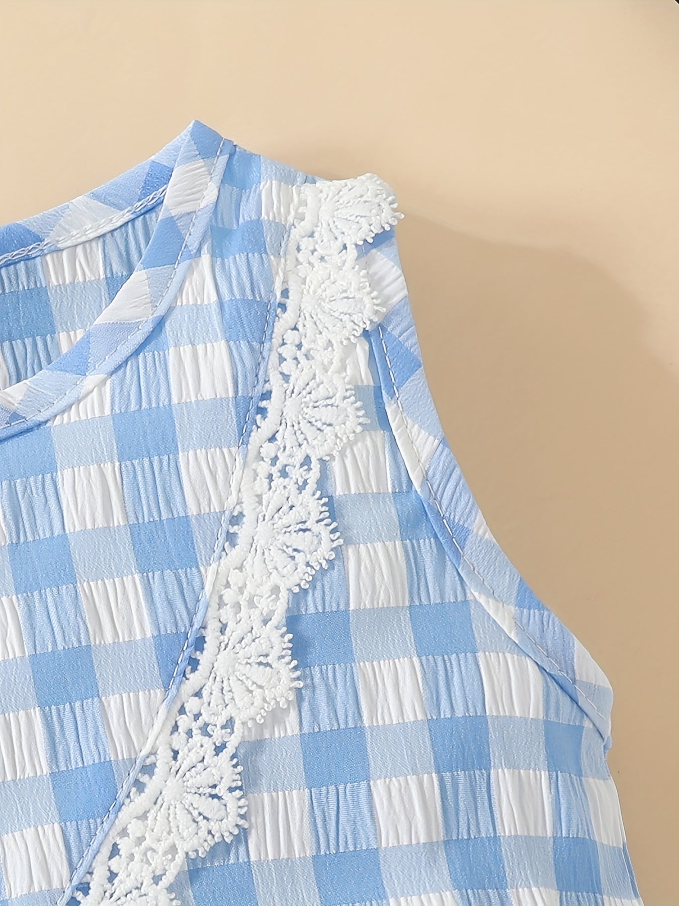 Baby Girls Gingham Lace Trim Tank Top & Skirt Set for Summer