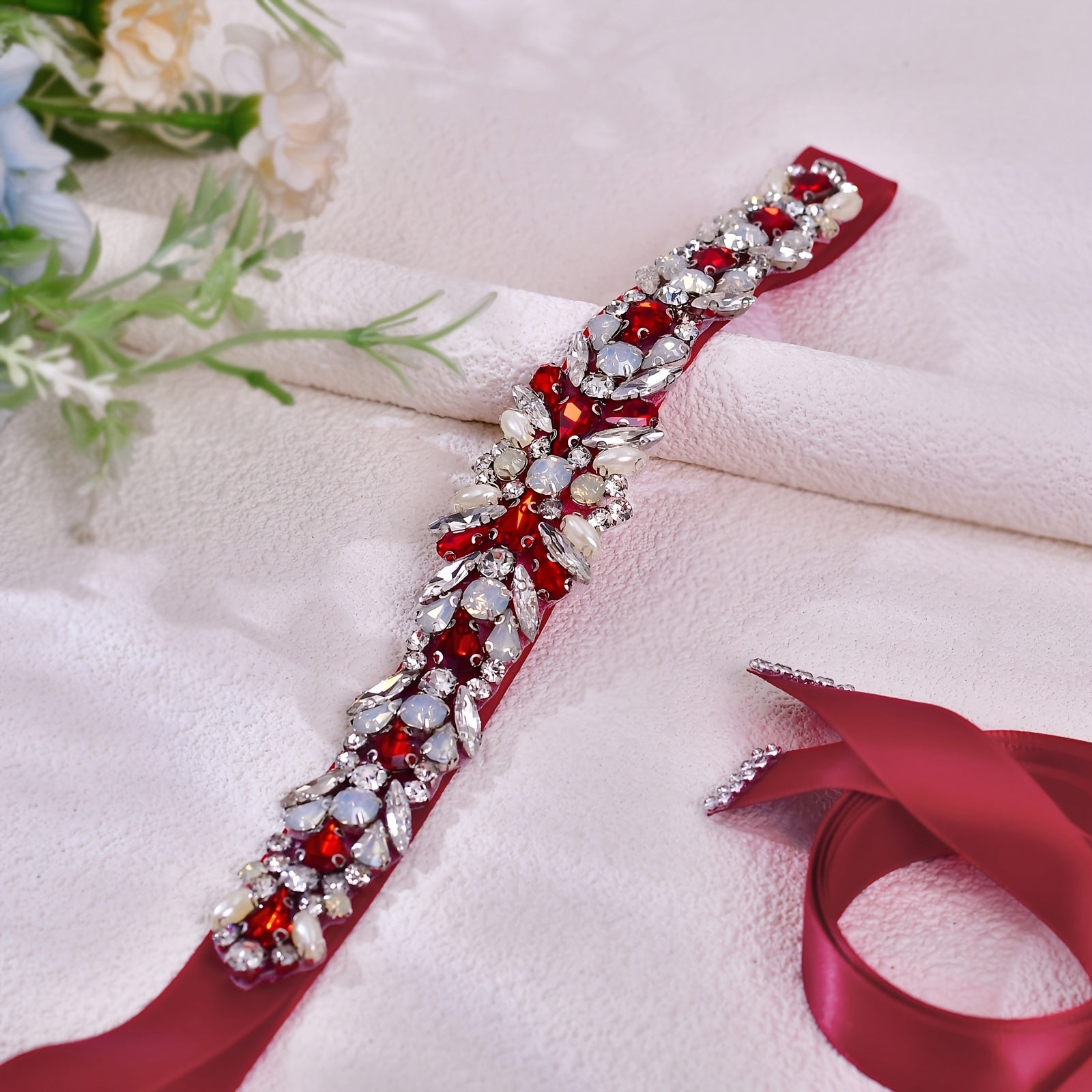 Red Rhinestone Bridal Belt with Crystals and Ribbon Accents
