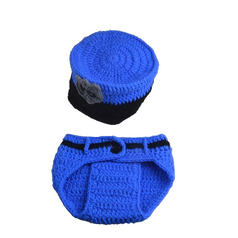 2pcs Policeman Baby Crochet Costume Photography Props Newborn Hat Shorts Outfits