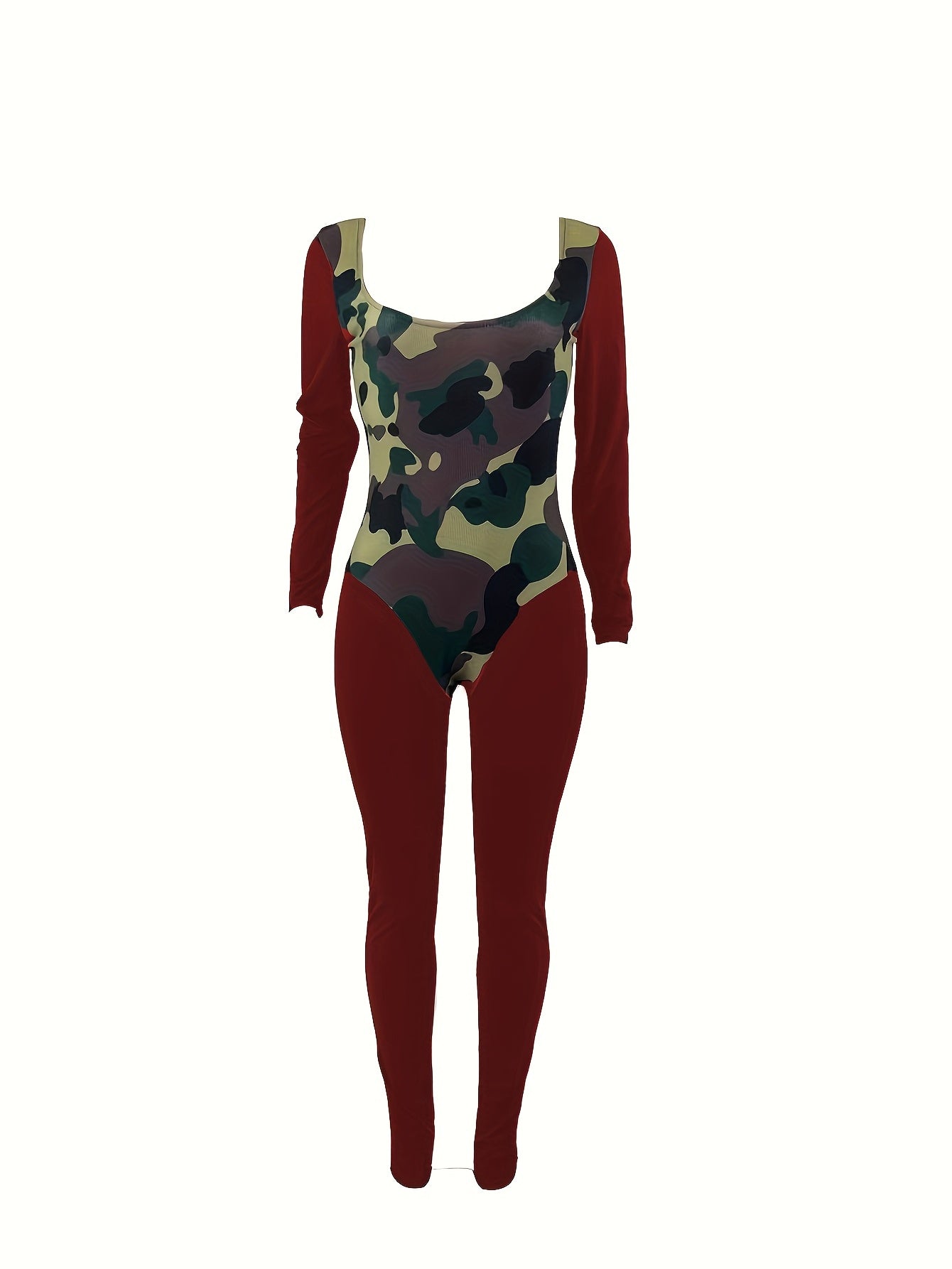 Camo Print Long Sleeve Jumpsuit Women's Clothing
