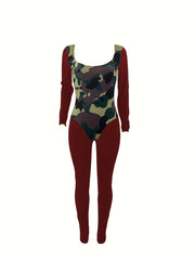 Camo Print Long Sleeve Jumpsuit Women's Clothing