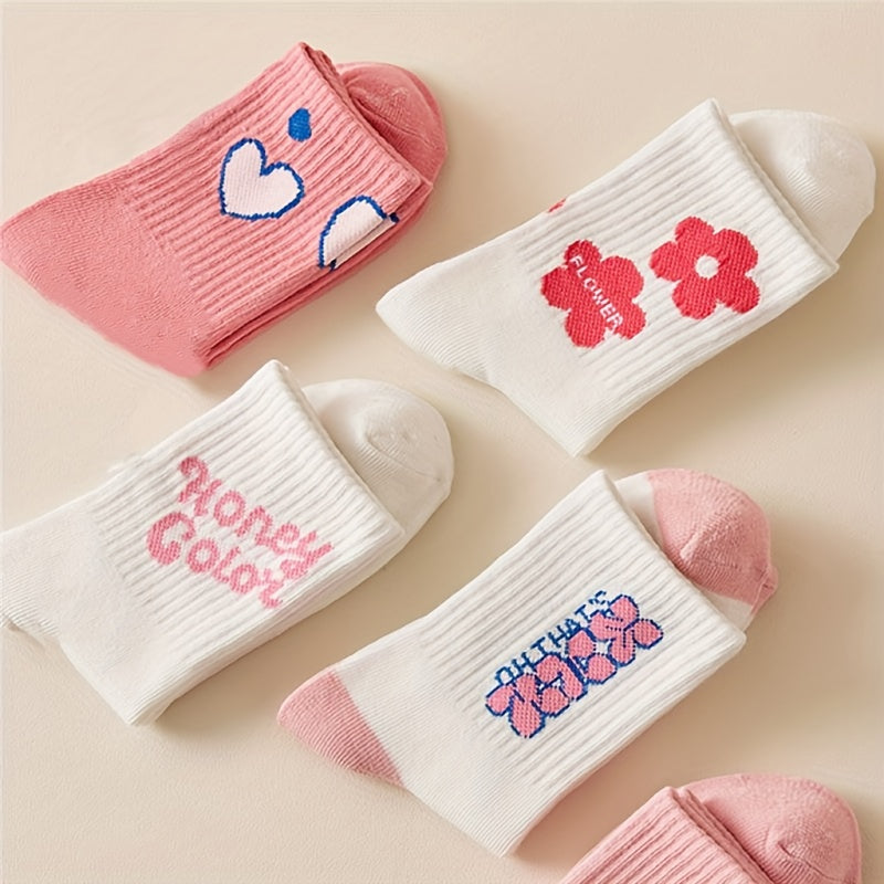 5 Pairs Floral & Heart Print Socks Mid Tube Women's Stockings & Hosiery