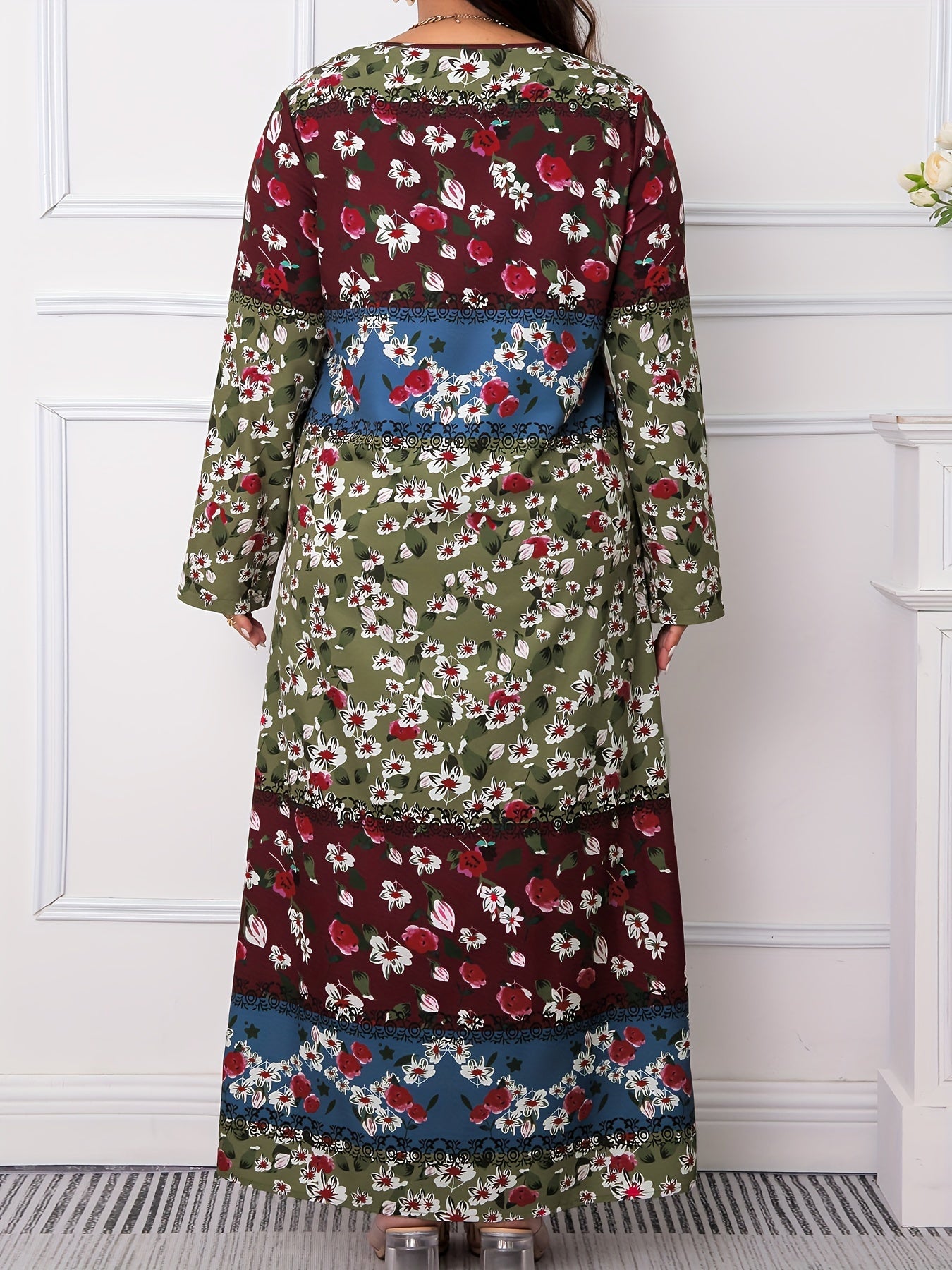  Colorblock Floral Print Long Sleeve Maxi Dress