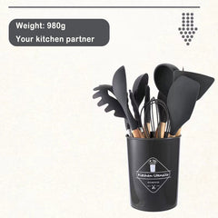 12pcs Silicone Kitchen Utensils Set with Wooden Handle and Storage Bucket