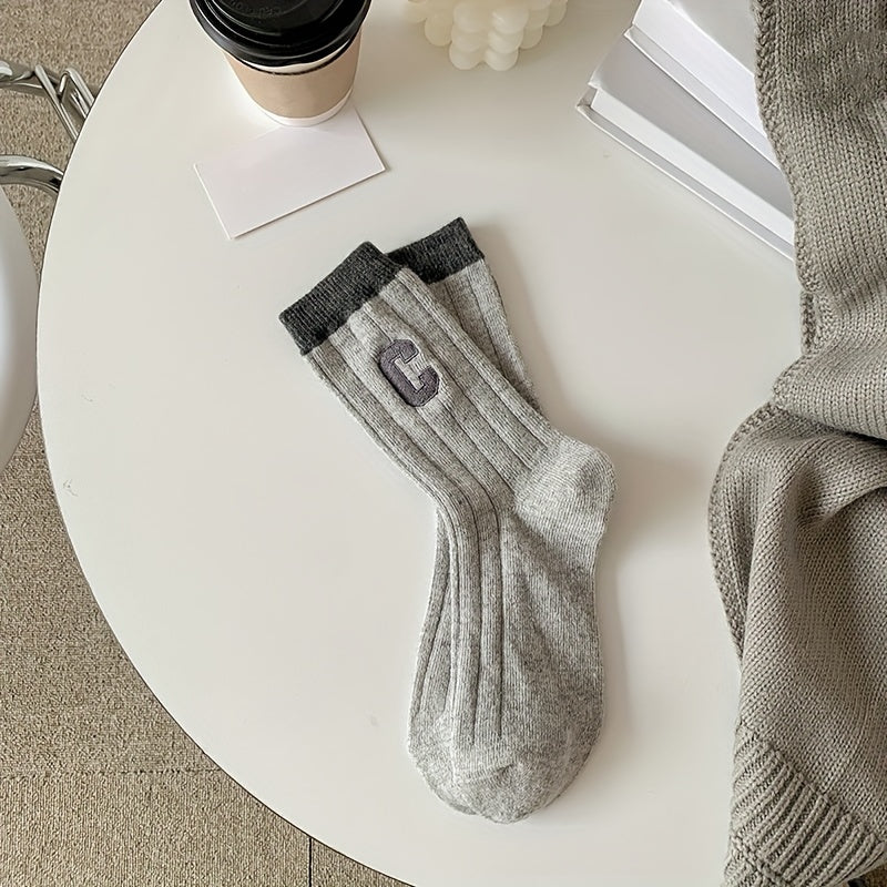 3 Pairs Letter Pattern Colorblock Socks Soft Mid Tube Women's Stockings