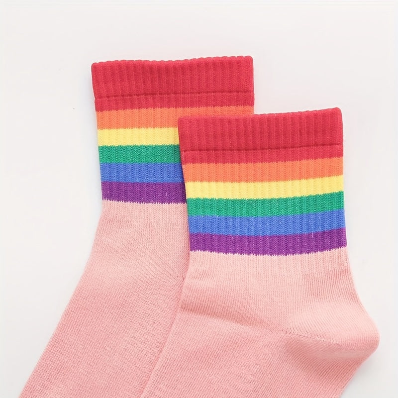 10 Pairs Rainbow Stripe Print Socks Women's Mid Tube Stockings