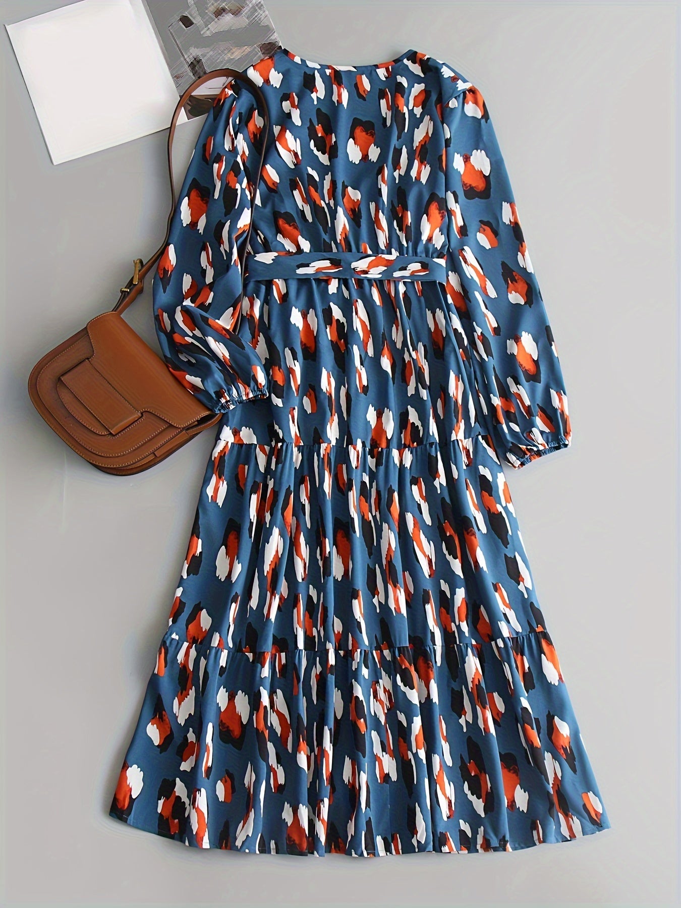  Leopard Print Long Sleeve Dress With Belt