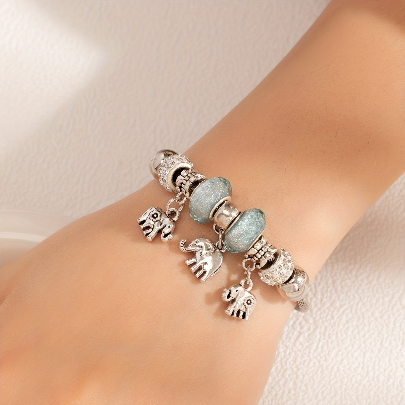 Rhinestone Clay Big Hole Bead & Elephant Pendant Bracelet