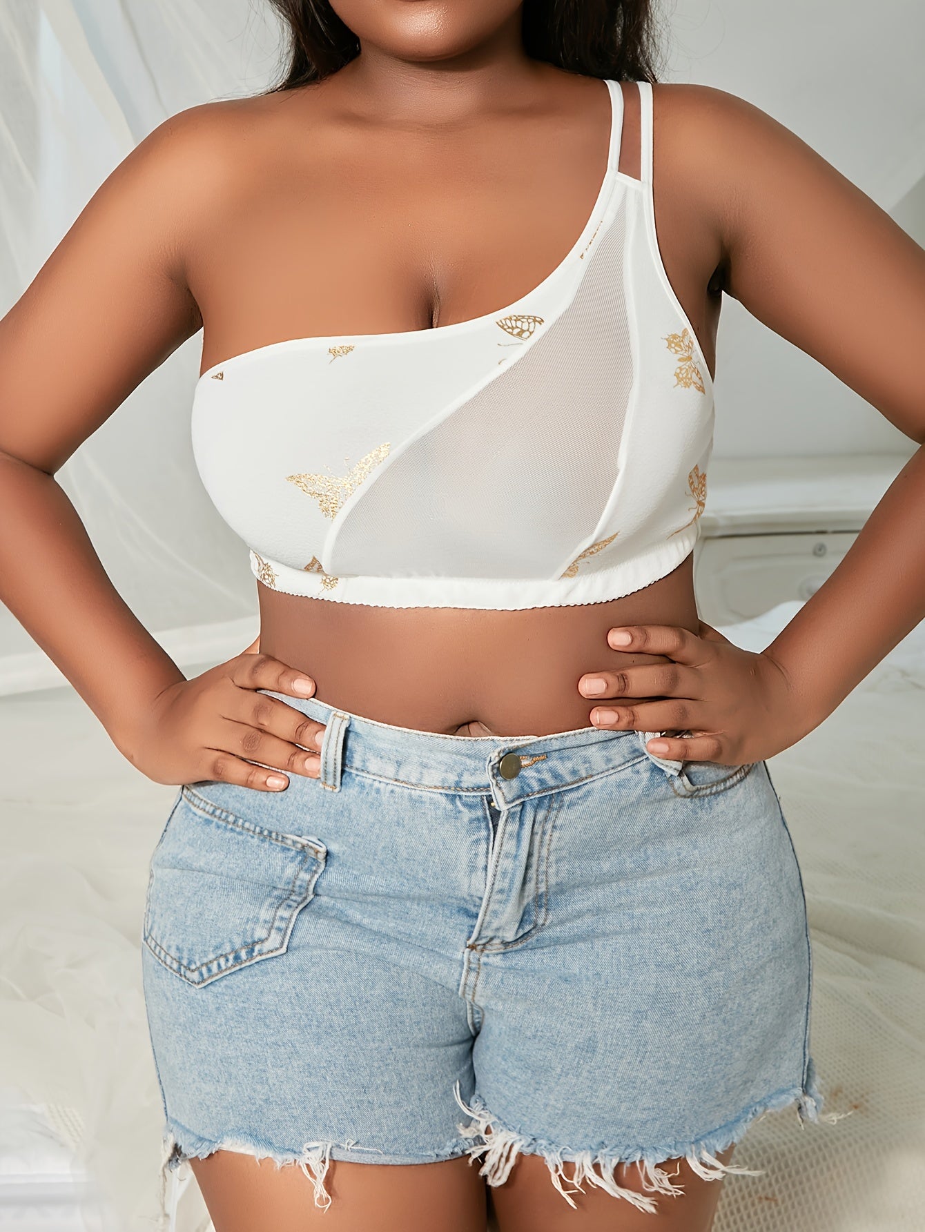  Golden Butterfly Print One Shoulder Bralette
