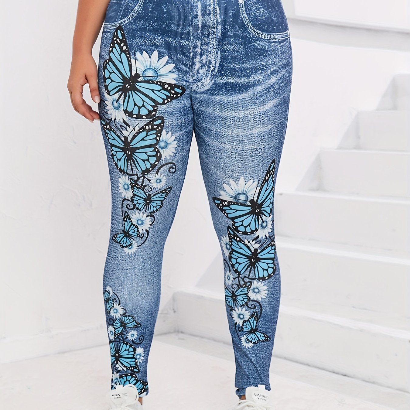  Butterfly & Denim Print High Stretch Leggings