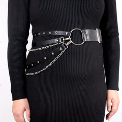 Vintage Punk PU Wide Belt Gothic Chain Adjustable Harness Belt Women