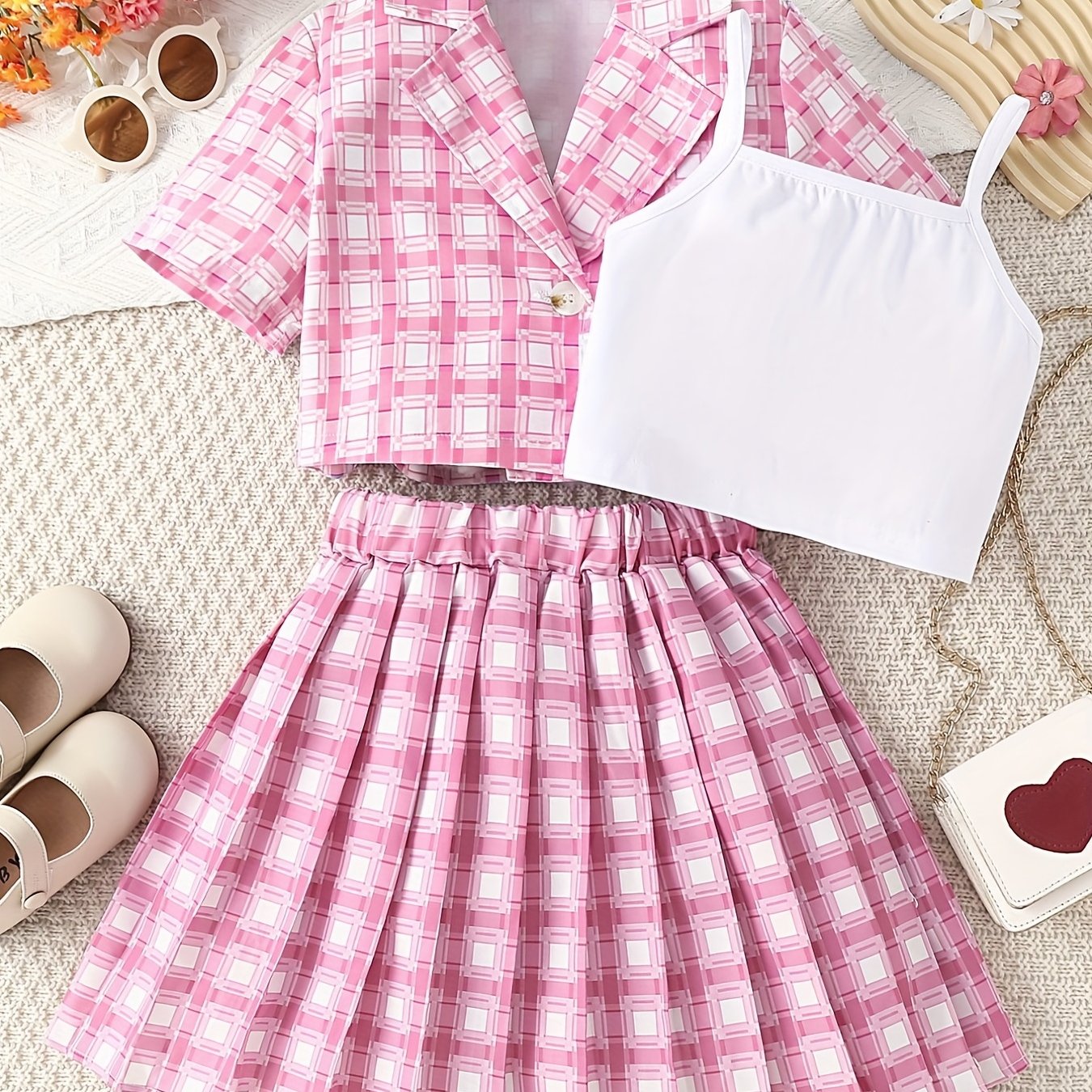 Girls Plaid Print Button Blouse & Pleated Skirt 2 Piece Set